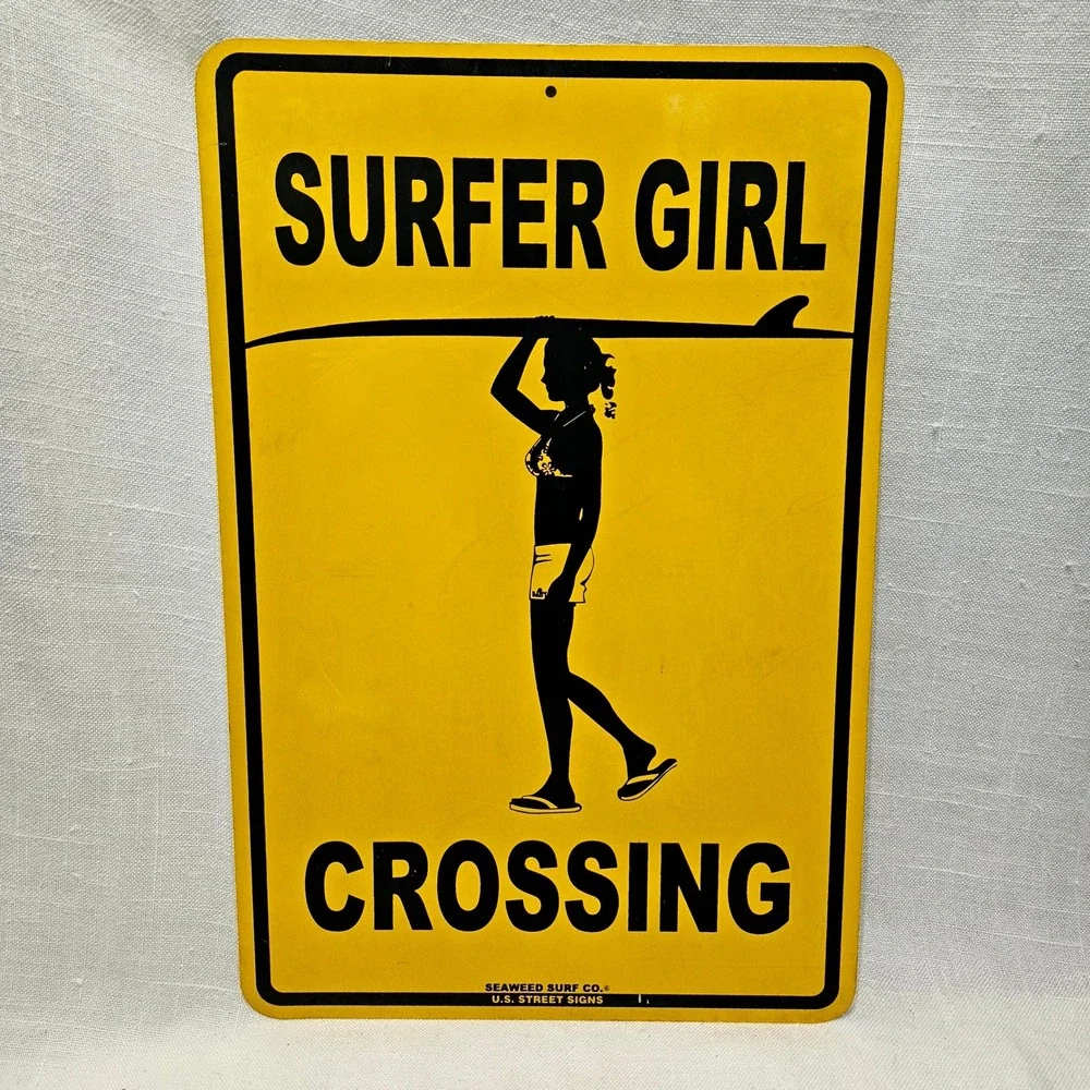 Seaweed Surf Co Surfer Girl Crossing Metal Sign 12x18 Yellow Beach Decor Novelty